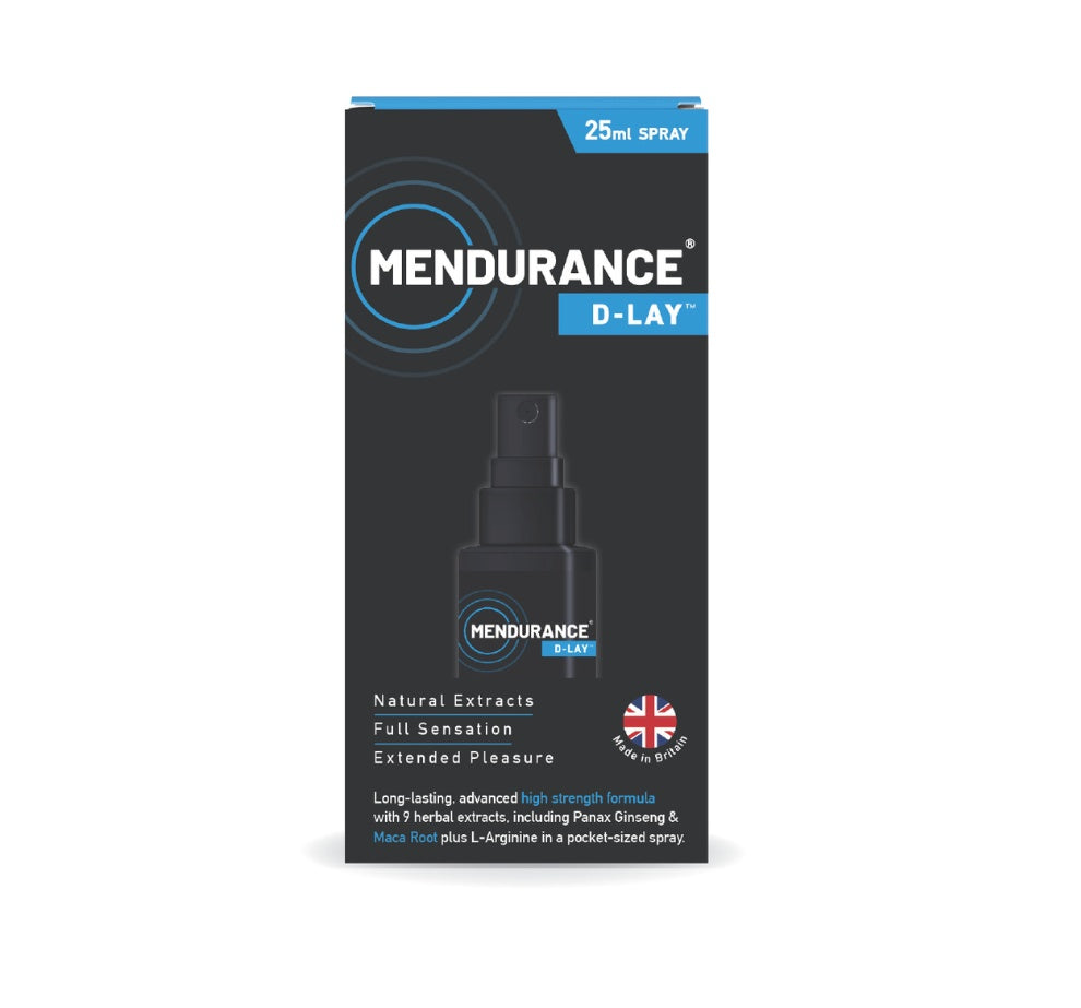 Packaging of Mendurance Delay Spray with product details and branding