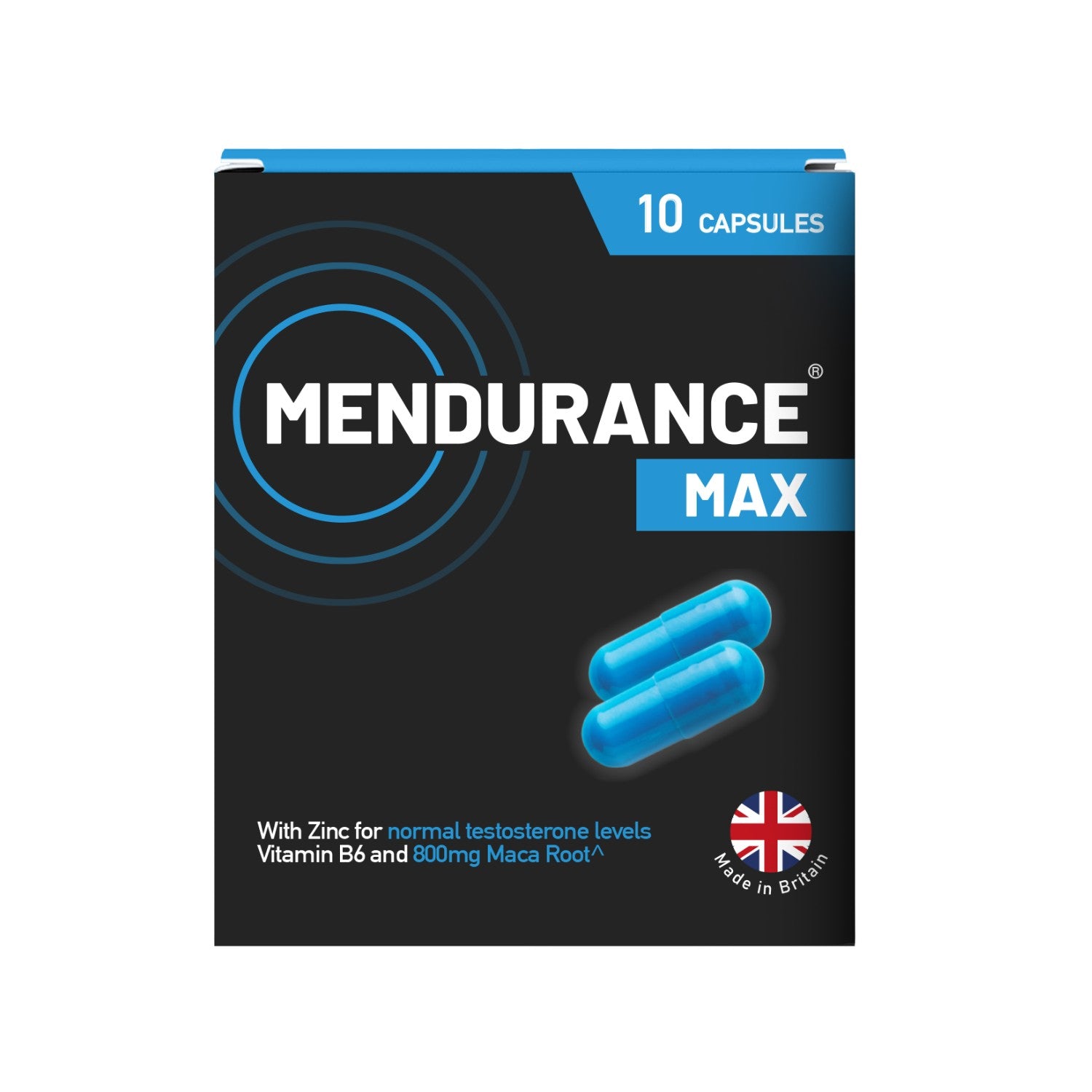 Packaging for Mendurance Max energy supplements, featuring 10 capsules with zinc and vitamin B6 to support normal testosterone levels and psychological function, respectively.