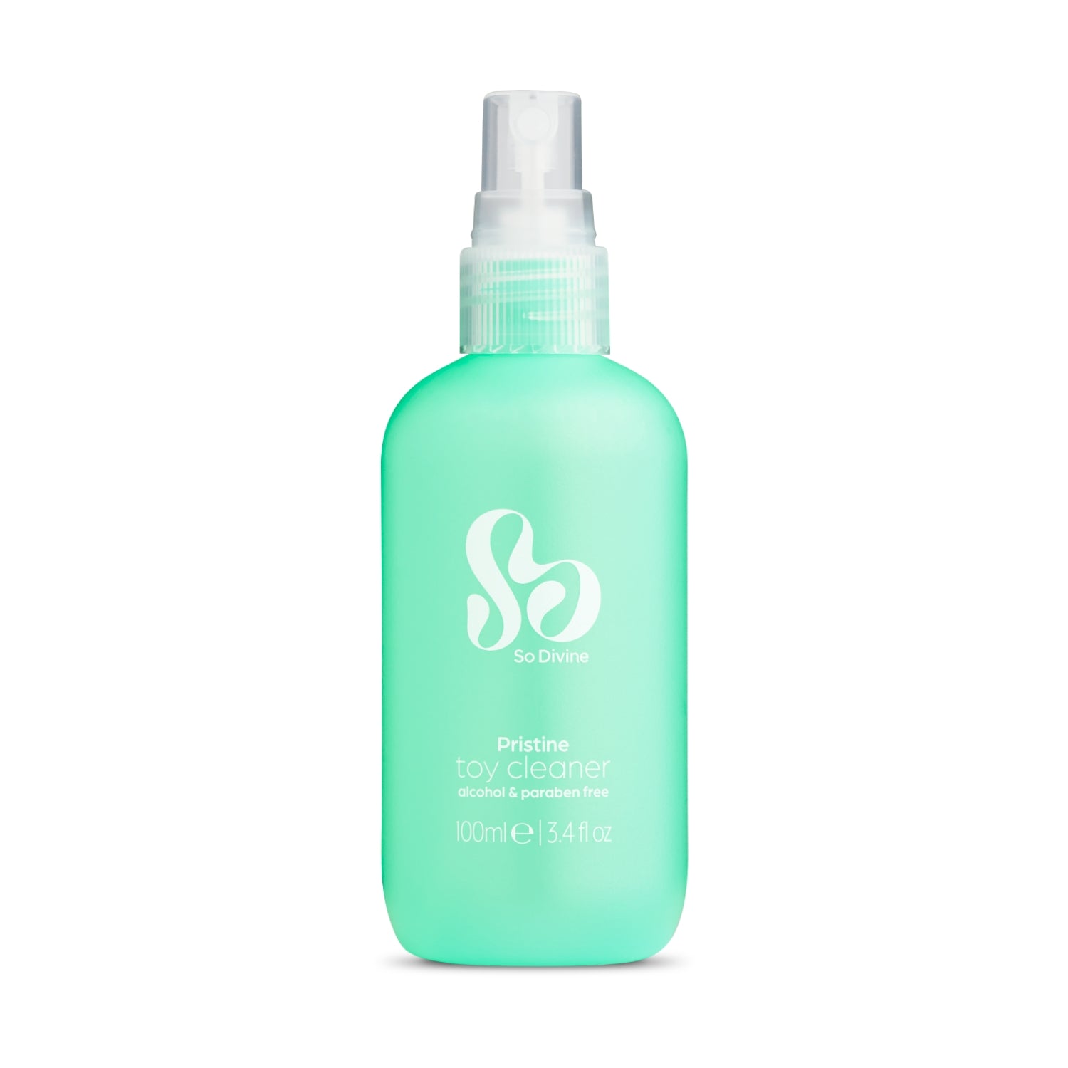 A bottle of Pristine Antibacterial Sex Toy Cleaning Spray with a green label and cap, featuring the brand logo 'So Divine' in white.