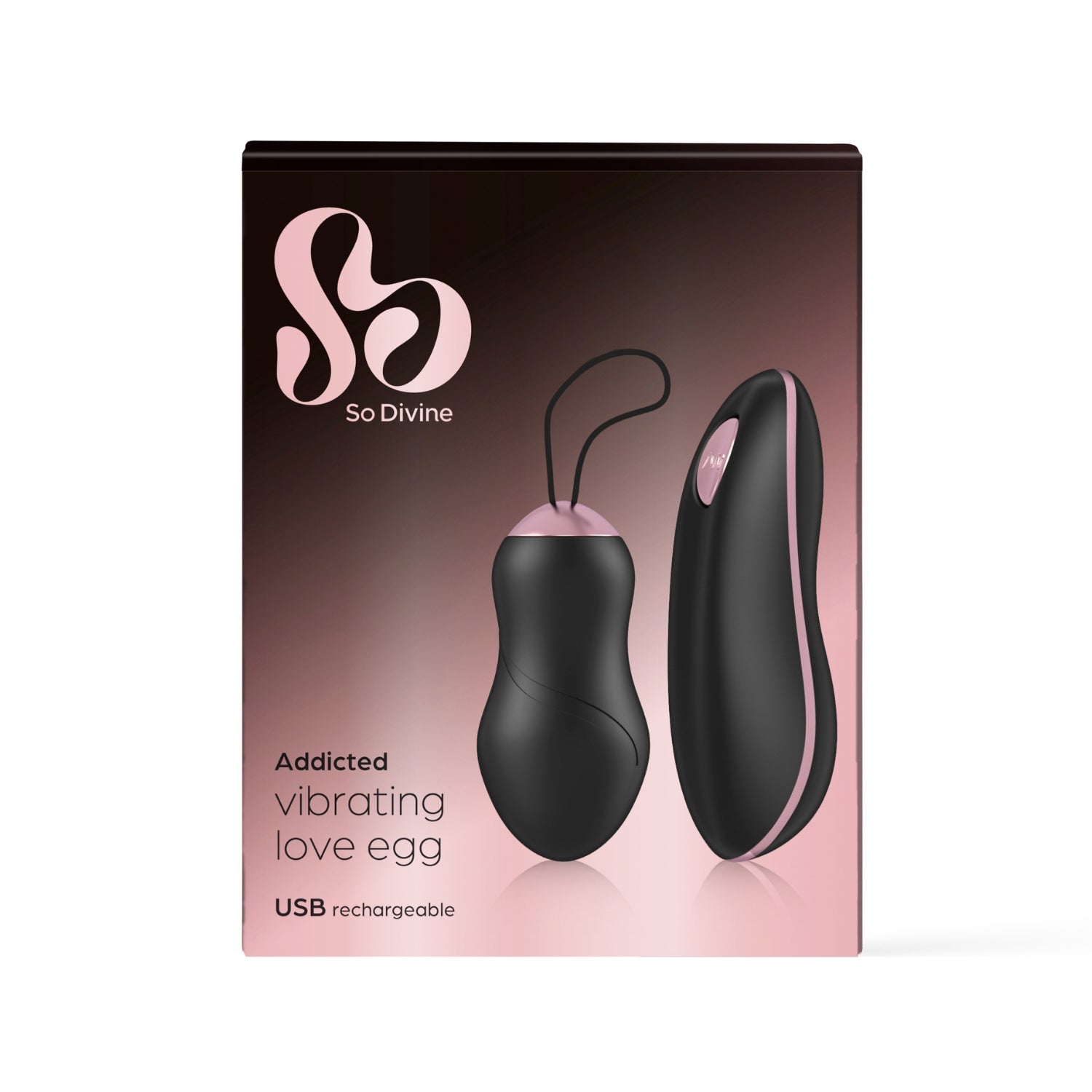 So Divine Addicted Remote Control Love Egg in packaging – stylish, discreet box featuring wearable vibrator and remote for partner teasing.