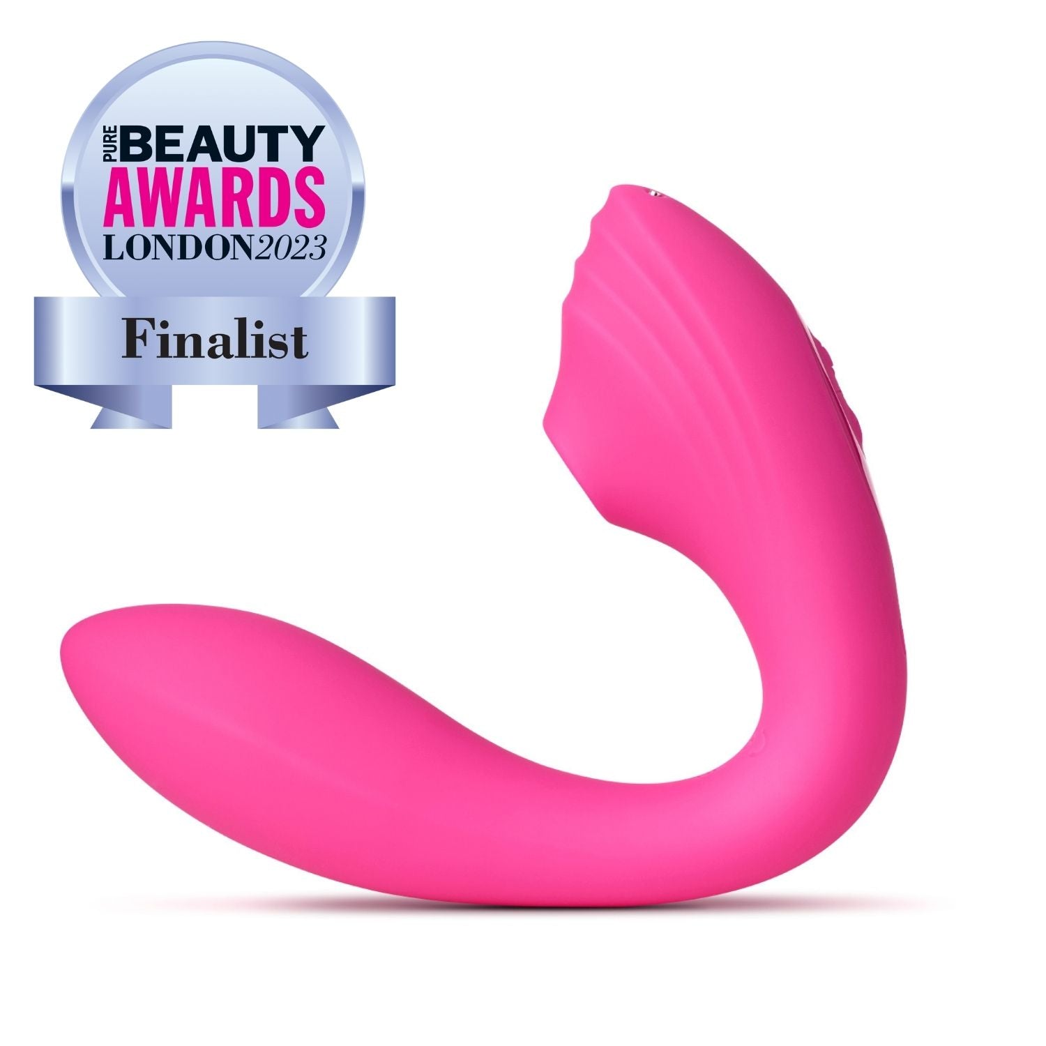 A pink Pearl Vibe 2in1 G-spot and suction stimulator. The product has a smooth, curved design and is showcased with a 'Finalist' badge from The Beauty Awards London 2023.