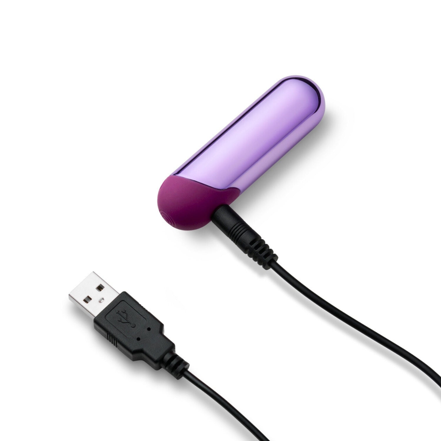 So Divine Cosmo Mini Bullet plugged in to charge – USB-rechargeable vibrator with travel-ready convenience and powerful vibrations.