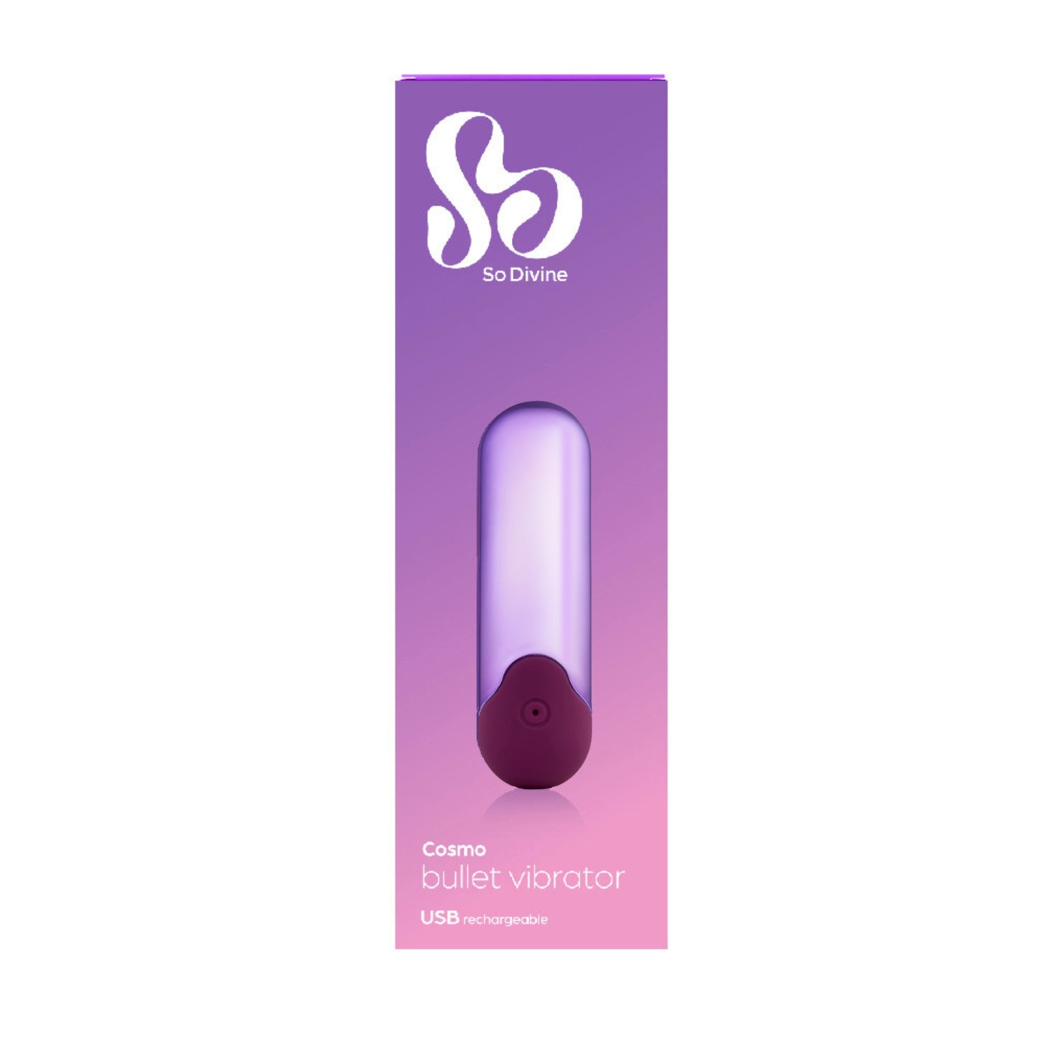 So Divine Cosmo Mini Bullet Vibrator in vibrant packaging – rechargeable, travel-sized sex toy for spontaneous pleasure anywhere.