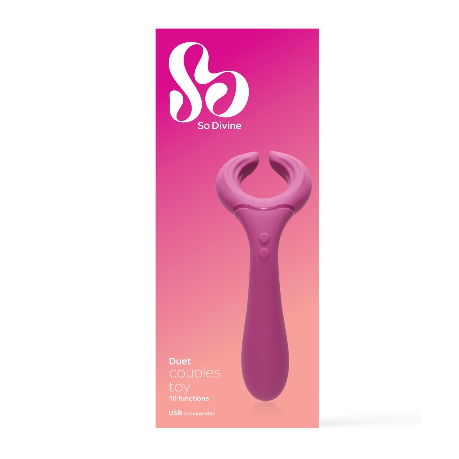 So Divine Duet 2in1 Multiway Rechargeable Couples Vibrator in packaging – premium silicone toy designed for versatile, intimate play.