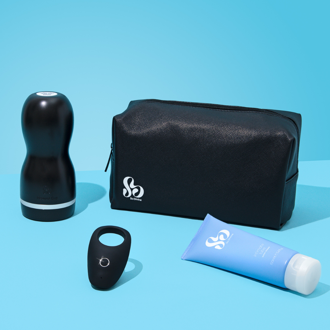 So Divine men's pleasure Sex Toy Kit for Him – complete male toy set for solo or couple use, includes stroker, vibrating ring, and more. 