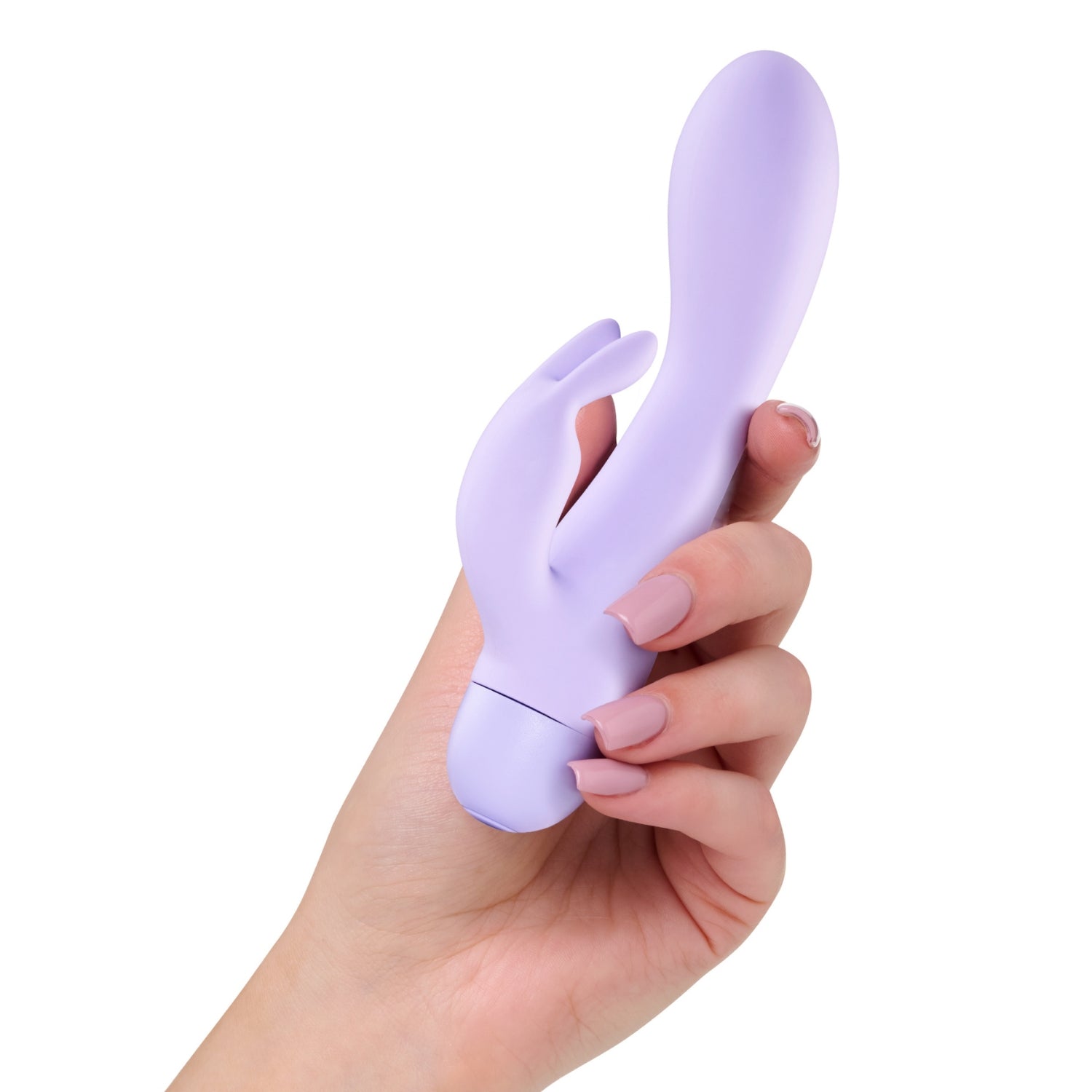 Hand shot of the SO Divine Pearl Mini Rabbit Vibrator in soft purple silicone, shown on a white background.