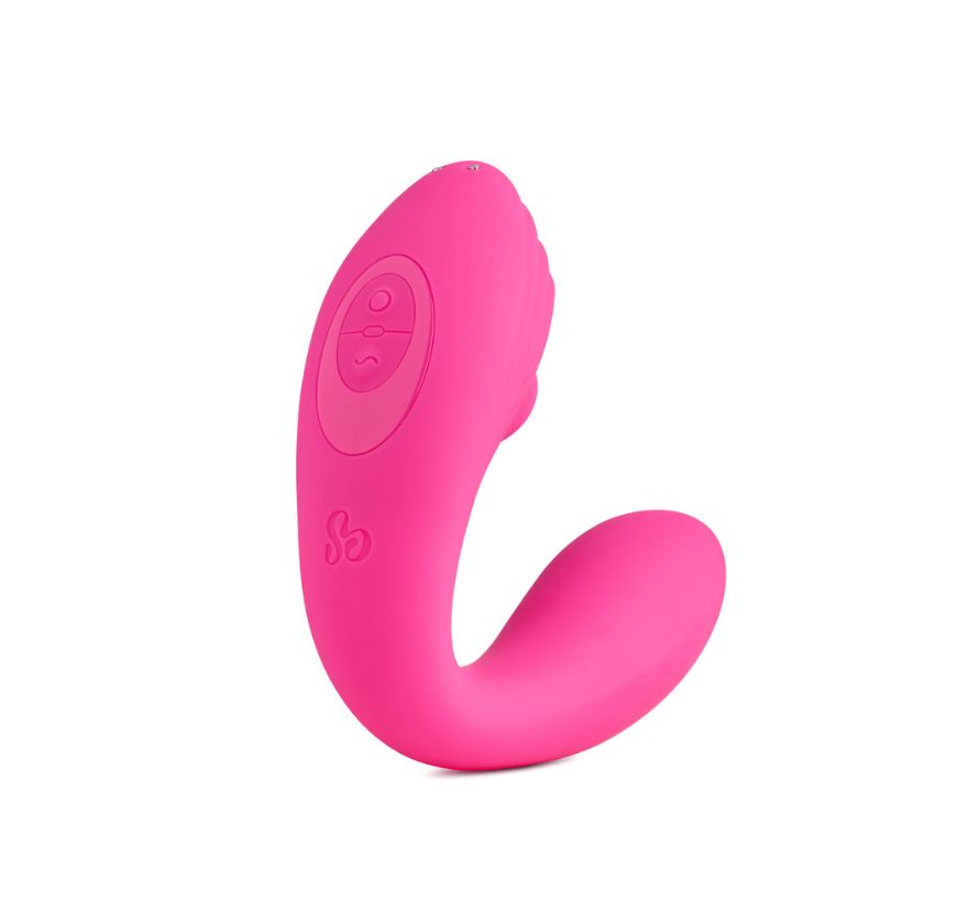 Side view of So Divine Pearl Vibe in Pink – sleek, body-safe silicone toy designed for simultaneous G-spot and clitoral stimulation.