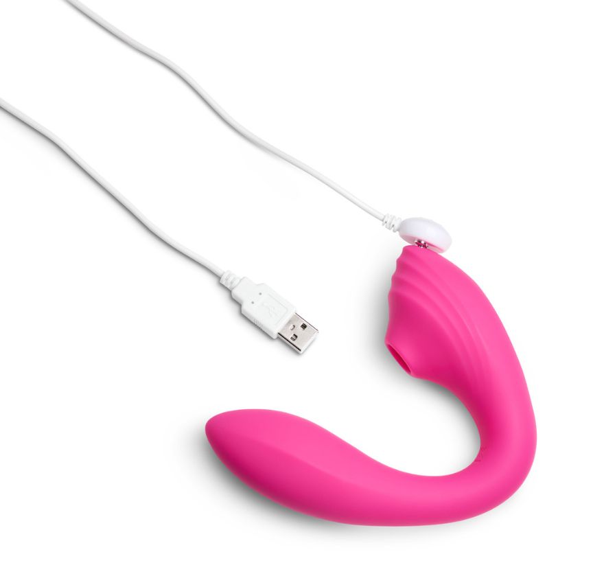 So Divine Pearl Vibe in Pink connected to USB charger – rechargeable dual stimulator for targeted pleasure and convenience.