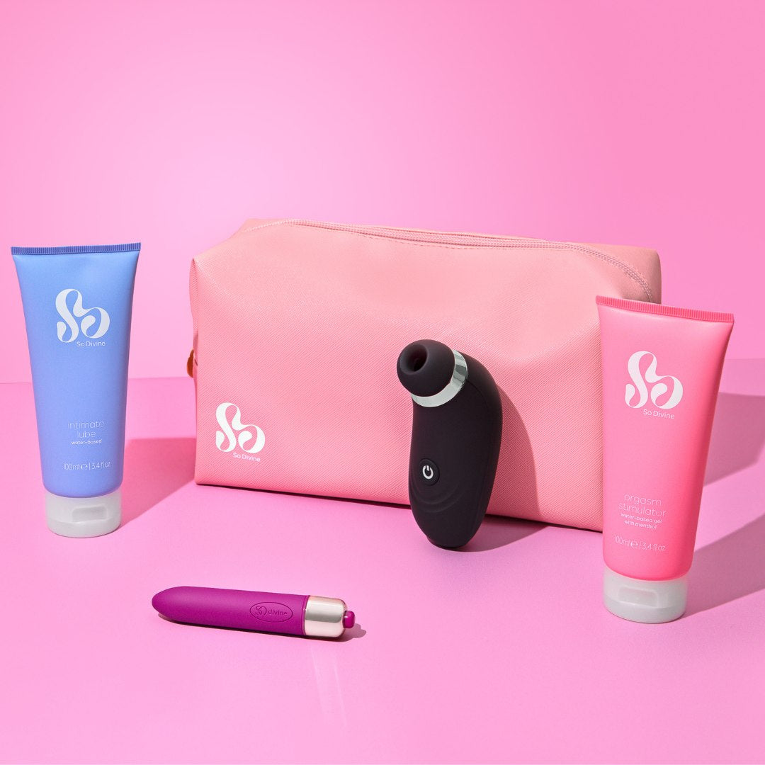 So Divine Pleasure Sex Toy Kit for Her – curated female pleasure set with bullet vibrator, clitoral suction vibrator, water-based lubricant and more.