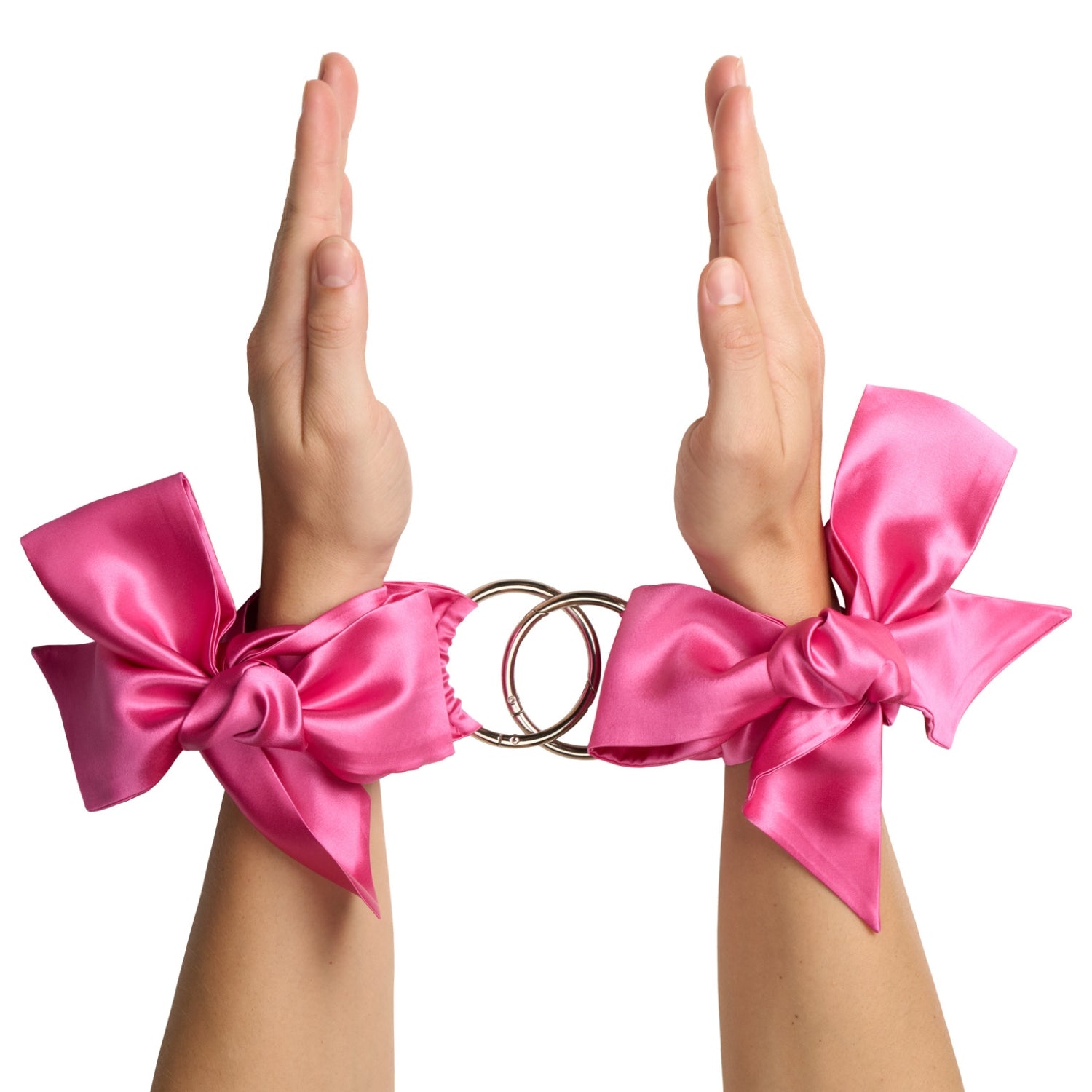 So Divine Silk Clip-On Bondage Restraints Handcuffs in Pink – soft satin cuffs with secure clips, perfect for gentle restraint play.