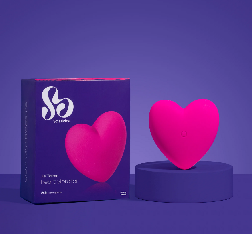 So Divine Je t’aime Heart Vibrator in elegant packaging – a romantic, giftable vibrator designed for couple’s foreplay and intimacy.