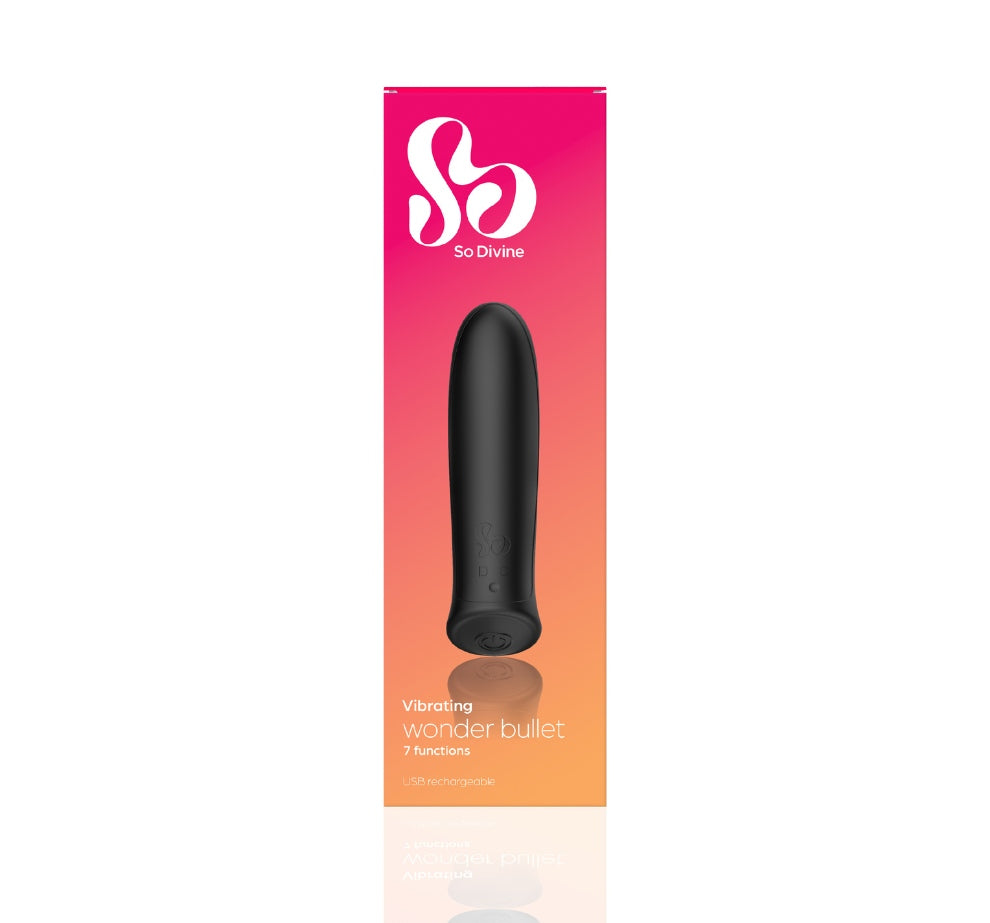So Divine Wonder Bullet Vibrator in Black with packaging