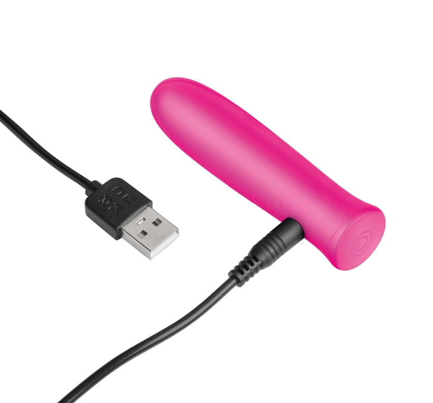So Divine Rechargeable Wonder Bullet Vibrator in Pink connected to USB charger – eco-friendly and easy to recharge for regular use.